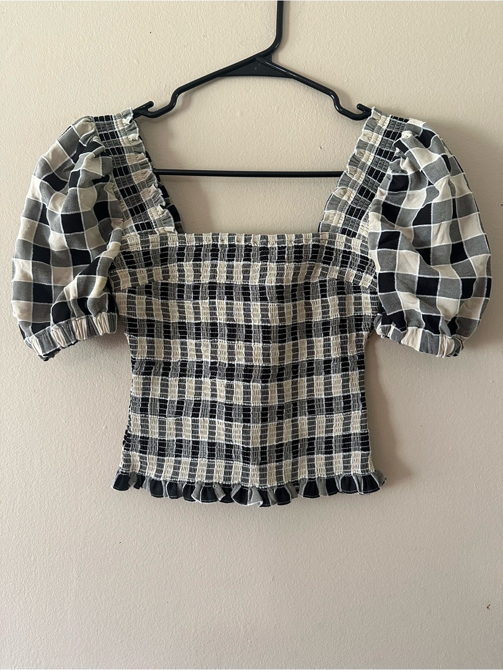 Find Me Now Cotton Lala Puff Sleeve Smocked Gingham Top, Sz XS
